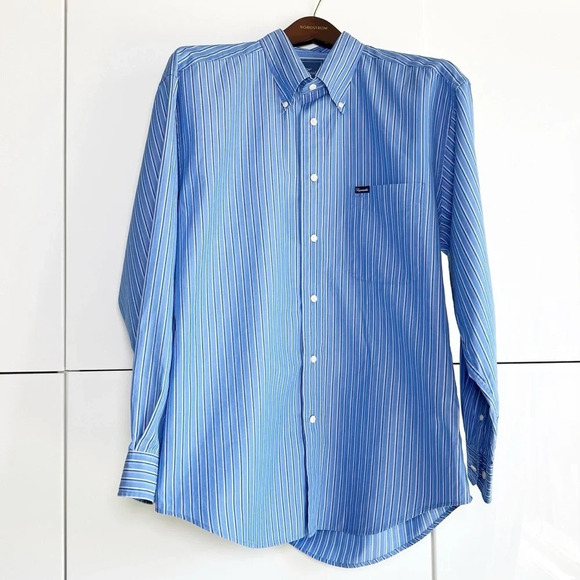 Faconnable Mens Dress Shirt Blue With Black Stripes Size Large Office Work Wear - Picture 1 of 7